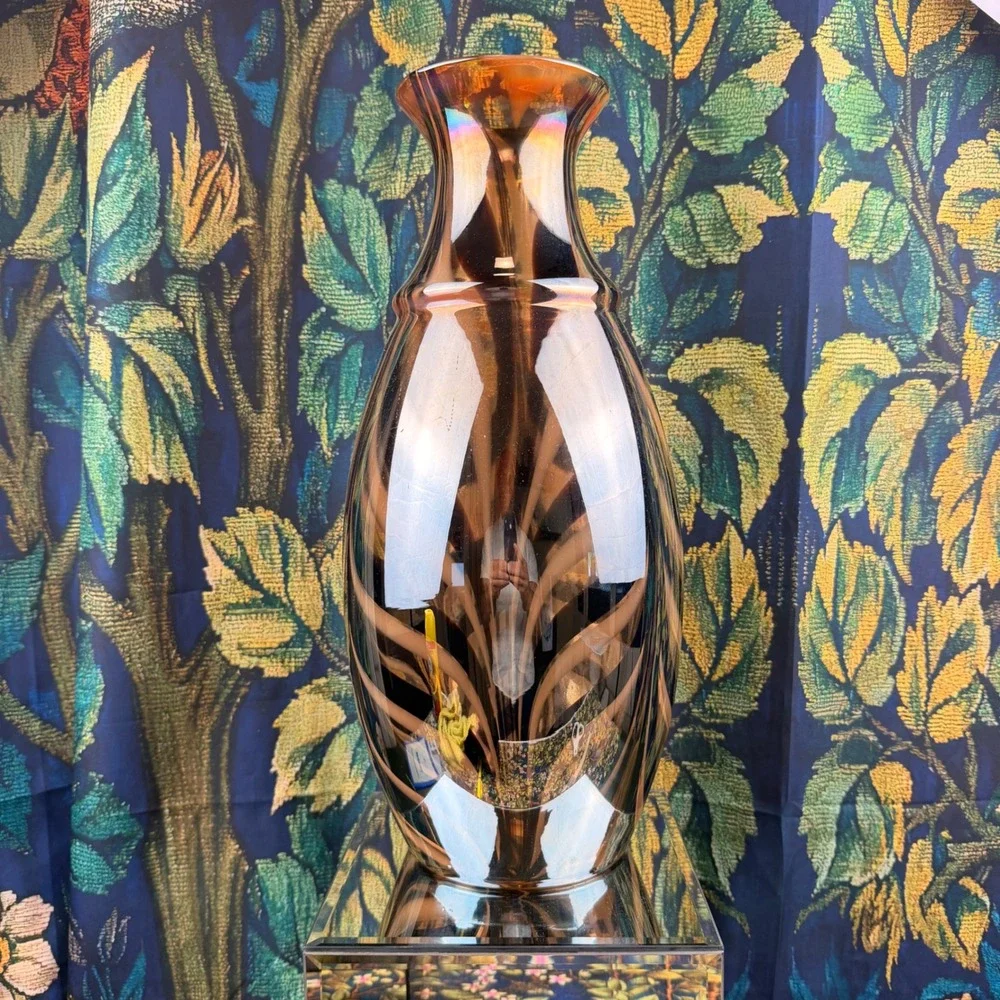Hermosa Grande Glass Vase Amber Brown Swirl Iridescent 17 inch